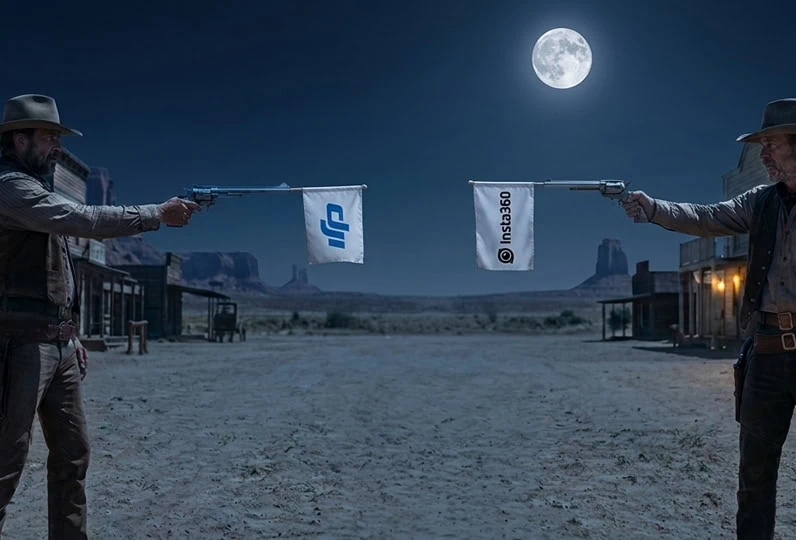 Duelo tra cowboy con bandiere in un paesaggio desertico notturno.