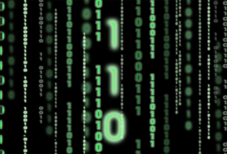 Sequenza di codice binario verde su sfondo nero.